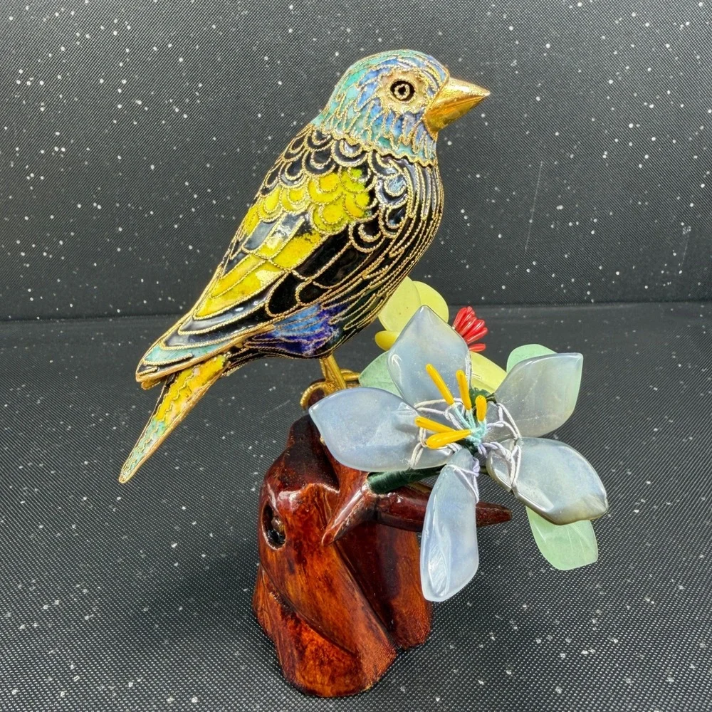 Cloisonne Enamel Bird Figurine Carved Wood Base Quartz Jade Stone Flowers 6in